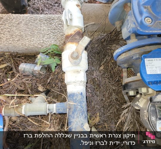 תיקון צנרת ראשית בבניין שכללה החלפת ברז כדורי, ידית לברז וניפל. 